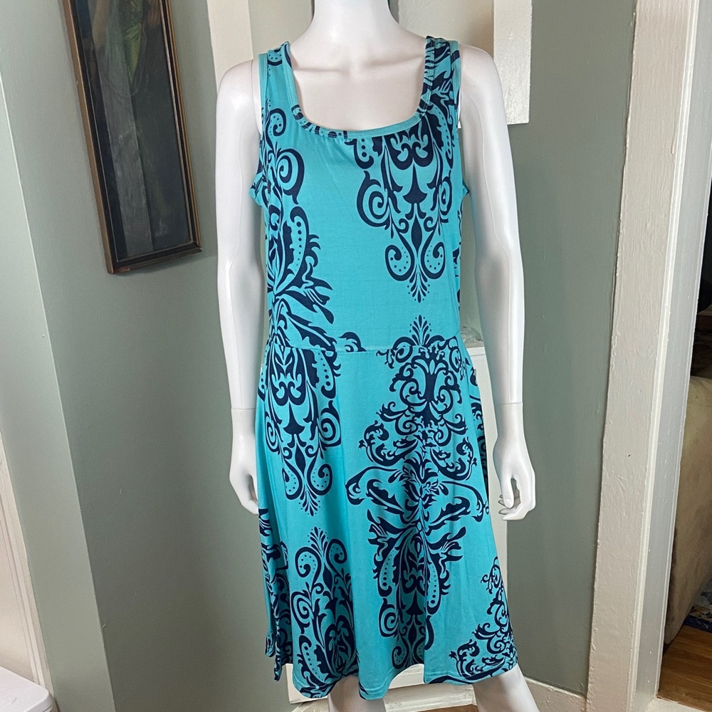 Fensace Blue Filigree Damask Skater Dress Tank Midi Sundress XL XLarge